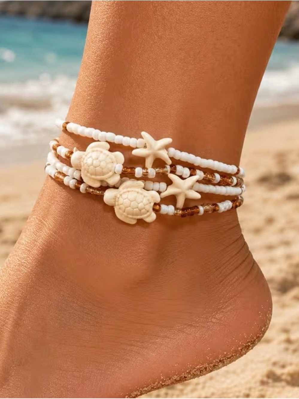 Shell & Starfish Beaded Anklet Set - White and Brown